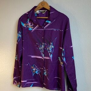 Vintage 70s 60s Alex Colman Button Front Floral Disco Long Sleeve Shirt sz M/L